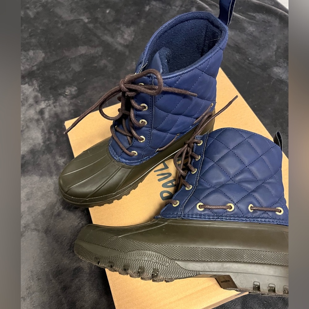 Paul Sperry Rain Boots, size 7, navy & brown, gentle used, in box